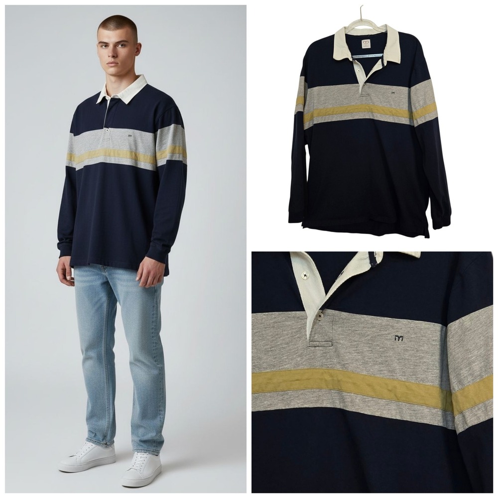 MLN Navy Blue Grey Gold Stripe Long Sleeve‎ Rugby Polo Shirt Men's XXL